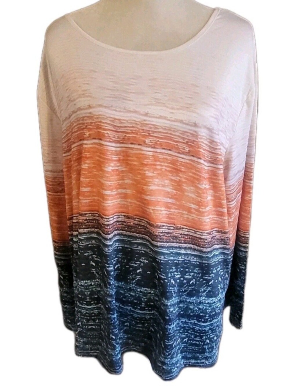 Women's Long Sleeved Shirt Top Color Block Orange Striped 4XL Pullover Blouse